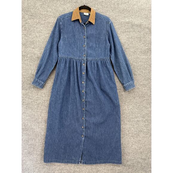 VTG LL Bean Denim Maxi Dress Womens 4 Collared Button Up Modest Country Cottage - Picture 1 of 13